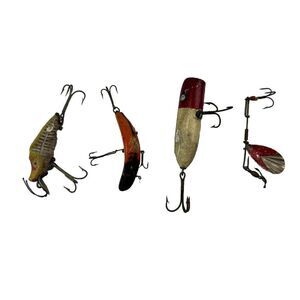 Vintage Fishing Lures Lot of 4 Metal Wood Spinner Plug Antique Tackle